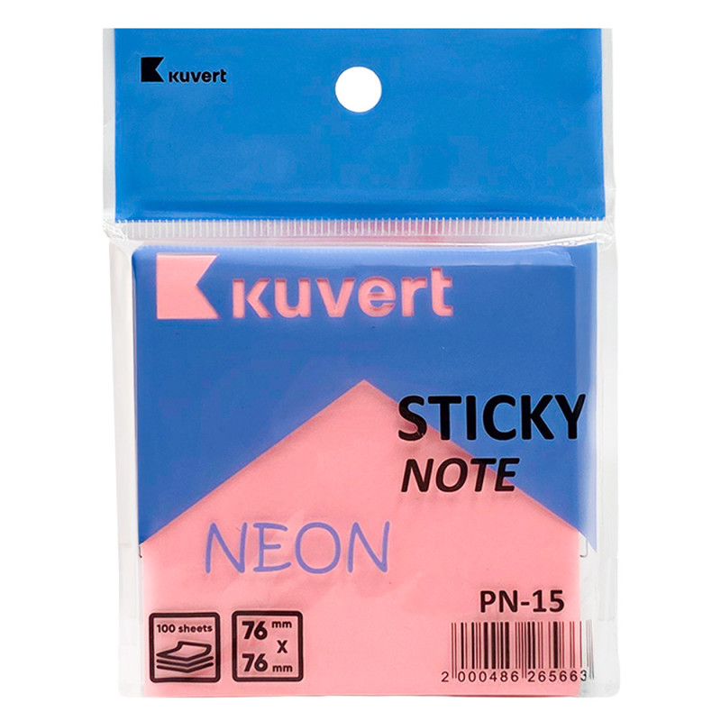 Стикер самоклеящийся 100 лист KUVERT Stiky 76*76мм, неон-розовый, 100 листов