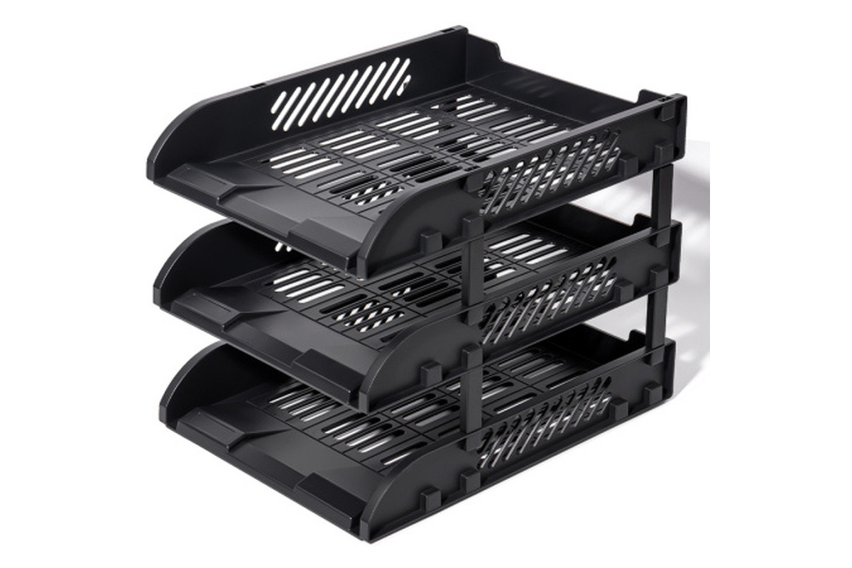 Лоток для бумаг горизонтальный DELI, 3-х рядный, пластик, черный 9217ES